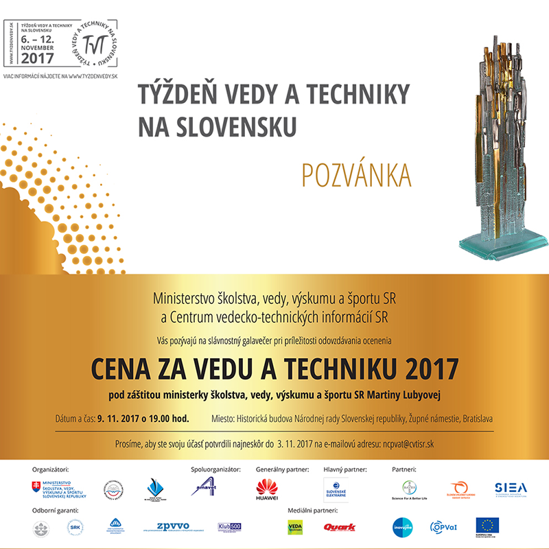 Pozvánka na podujatie Cena za vedu a techniku. TVT 2017.