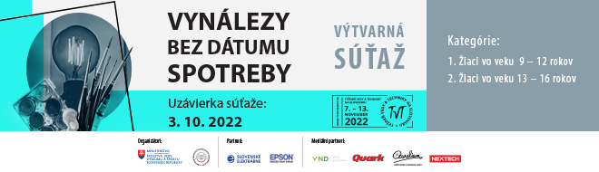 Banner k výtvarnej súťaži Týždňa vedy a techniky na Slovensku na rok 2022. Téma: Vynálezy bez dátumu spotreby.