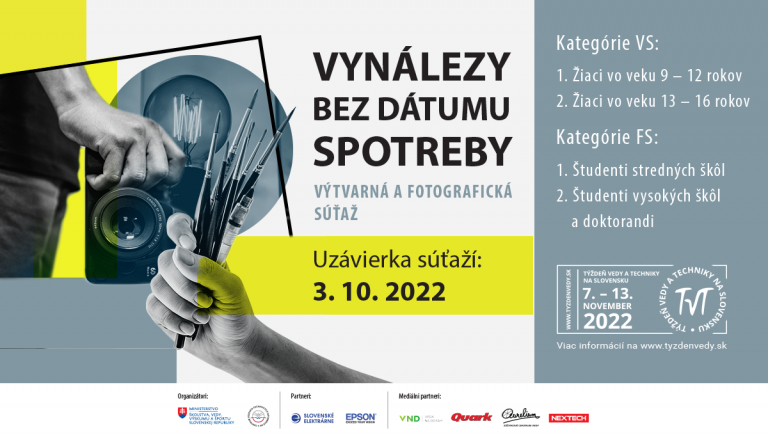 Banner k výtvarnej a fotografickej súťaži Týždňa vedy a techniky na Slovensku na rok 2022. Téma: Vynálezy bez dátumu spotreby.