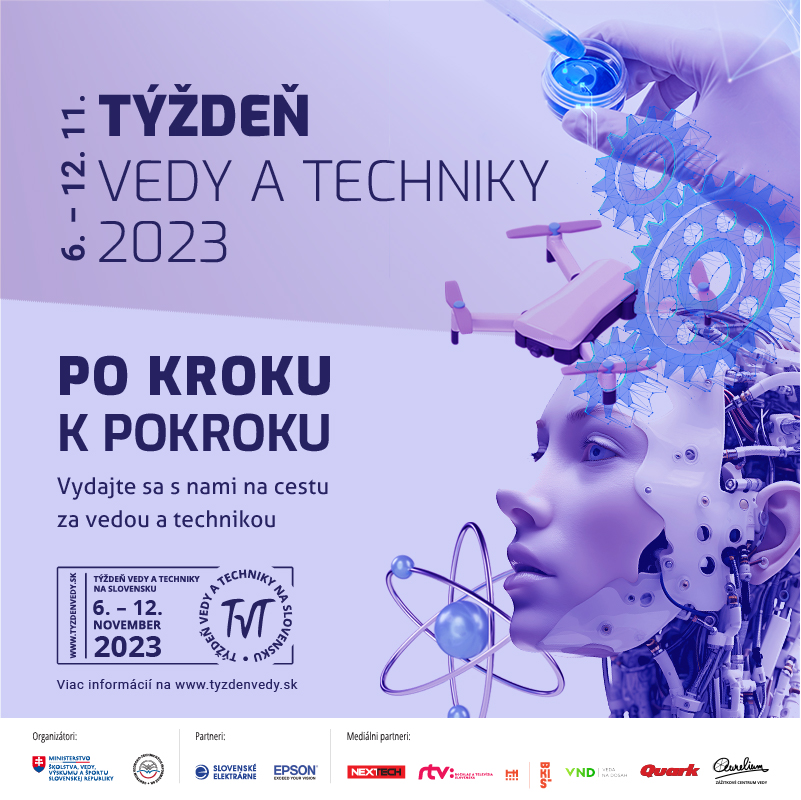 Banner k Týždňu vedy a techniky na Slovensku 2023. Motto: Po kroku k pokroku.